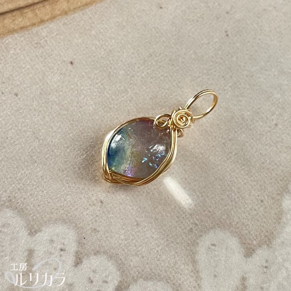 ガラス クリア×青・ピンク フカネ巻き®︎ワイヤーラップペンダントトップ