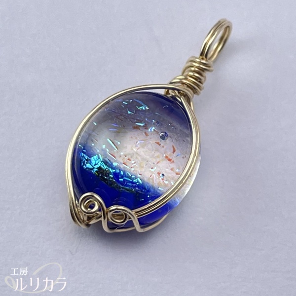 ガラス クリア・青×水色 フカネ巻き®︎ワイヤーラップペンダントトップ