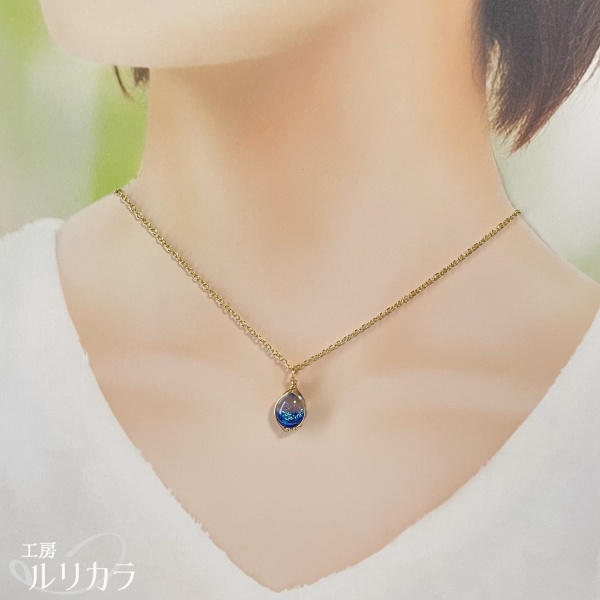 ガラス クリア・青×水色 フカネ巻き®︎ワイヤーラップペンダントトップ