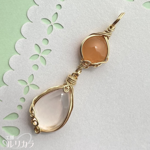 オレンジムーンストーン×ローズクォーツ フカネ巻き®︎ワイヤーラップペンダントトップ