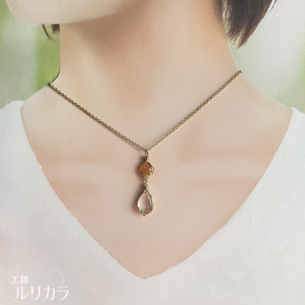オレンジムーンストーン×ローズクォーツ フカネ巻き®︎ワイヤーラップペンダントトップ