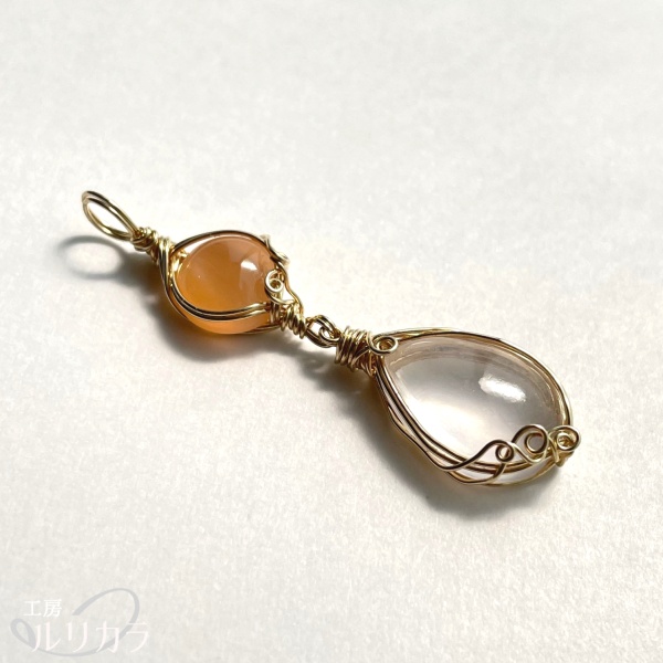 オレンジムーンストーン×ローズクォーツ フカネ巻き®︎ワイヤーラップペンダントトップ