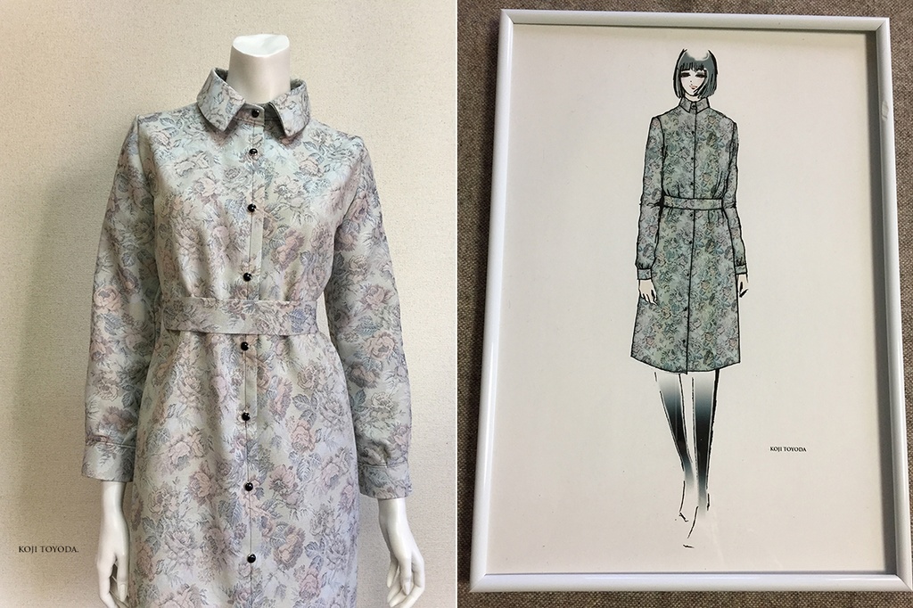 【1点もの・デザイン画付き】絹(シルク入り)ゴブラン織りベルト付きシャツ型コートワンピース(KOJI TOYODA)