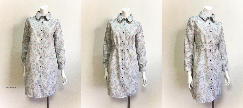 【1点もの・デザイン画付き】絹(シルク入り)ゴブラン織りベルト付きシャツ型コートワンピース(KOJI TOYODA)