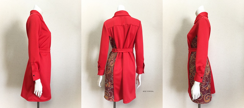 【1点もの・デザイン画付き】ベルト付きゴブラン織り切り替えドットクールニットシャツ型ワンピース(KOJI TOYODA)