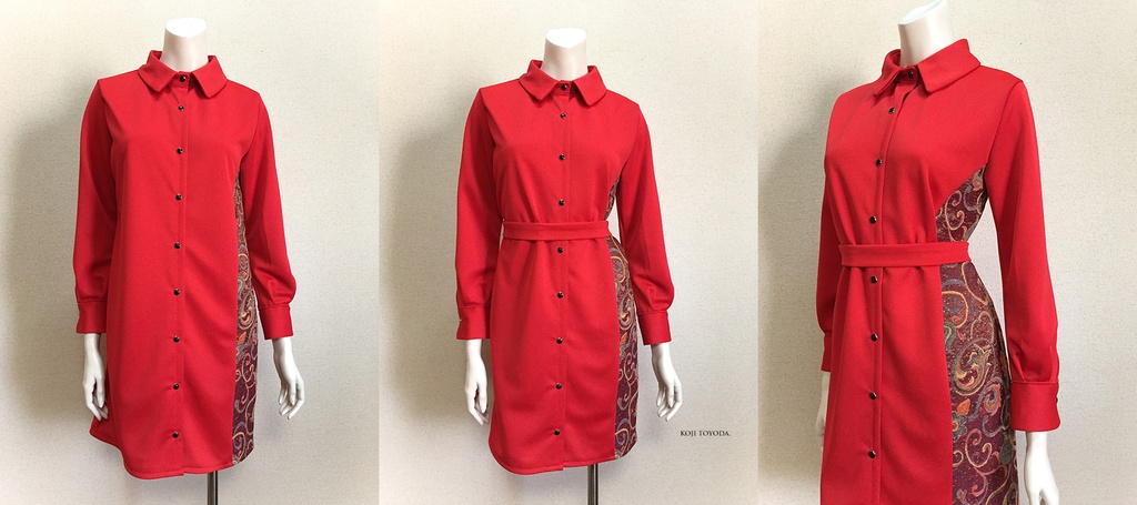 【1点もの・デザイン画付き】ベルト付きゴブラン織り切り替えドットクールニットシャツ型ワンピース(KOJI TOYODA)