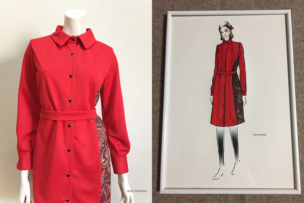 【1点もの・デザイン画付き】ベルト付きゴブラン織り切り替えドットクールニットシャツ型ワンピース(KOJI TOYODA)