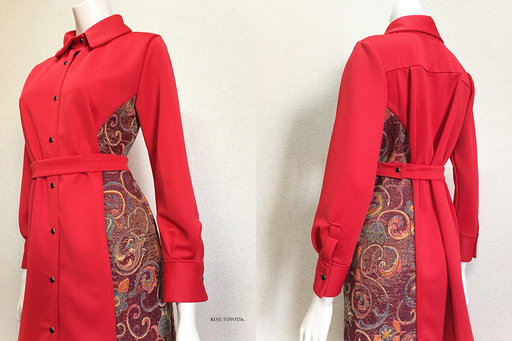 【1点もの・デザイン画付き】ベルト付きゴブラン織り切り替えドットクールニットシャツ型ワンピース(KOJI TOYODA)