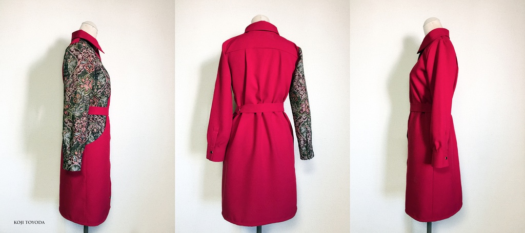 【1点もの・デザイン画付き】ベルト付きゴブラン織りアシメトリー切り替えワンピース赤(KOJI TOYODA)