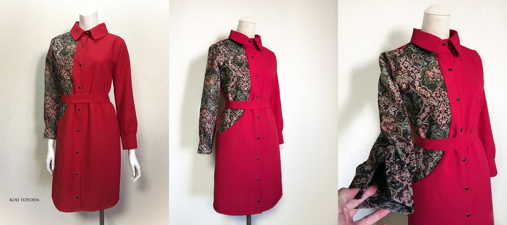 【1点もの・デザイン画付き】ベルト付きゴブラン織りアシメトリー切り替えワンピース赤(KOJI TOYODA)