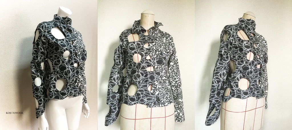 【1点もの・デザイン画付き】アシメトリ湾曲ドット開きブラウス (KOJI TOYODA)