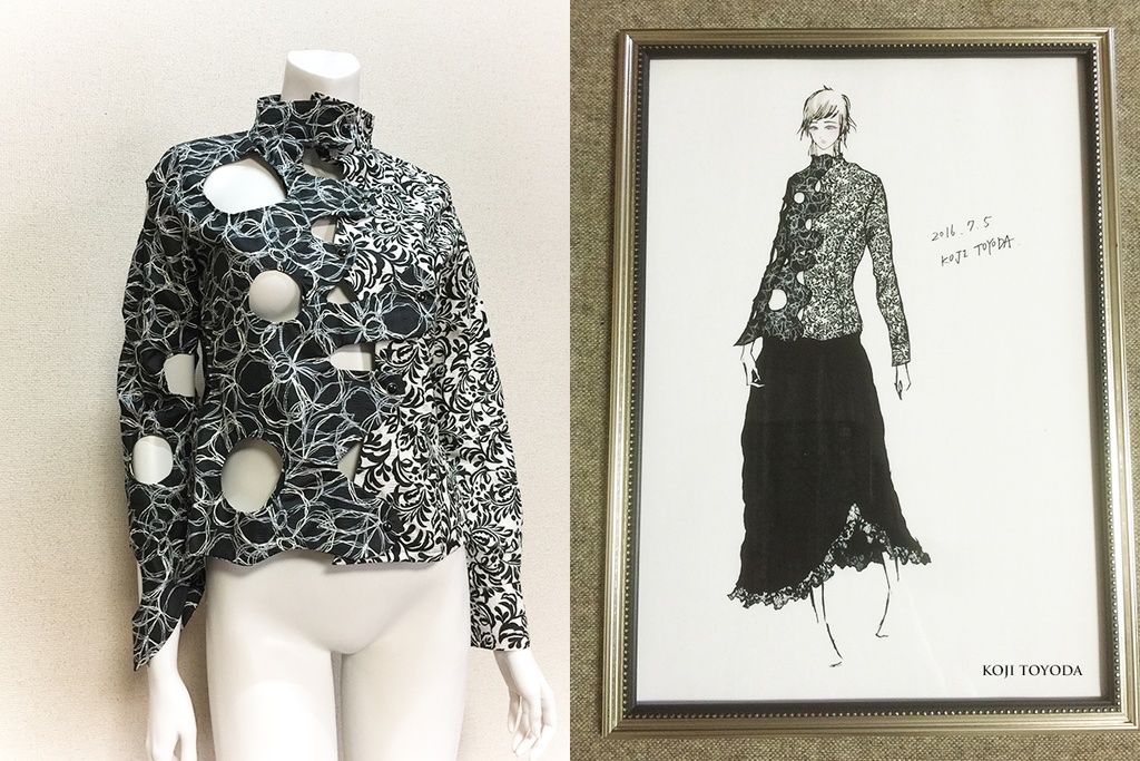 【1点もの・デザイン画付き】アシメトリ湾曲ドット開きブラウス (KOJI TOYODA)