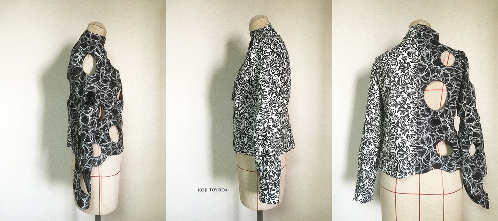【1点もの・デザイン画付き】アシメトリ湾曲ドット開きブラウス (KOJI TOYODA)