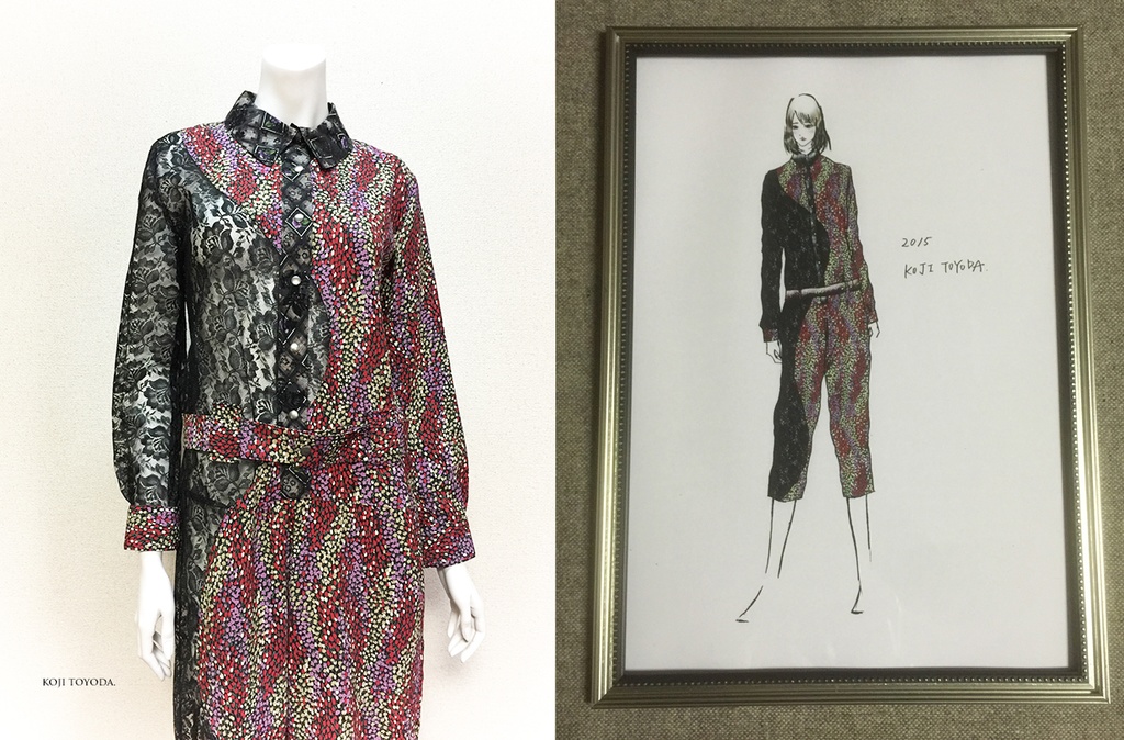 【1点もの・デザイン画付き】和柄ちりめん&レース湾曲切り替えつなぎ(KOJI TOYODA)