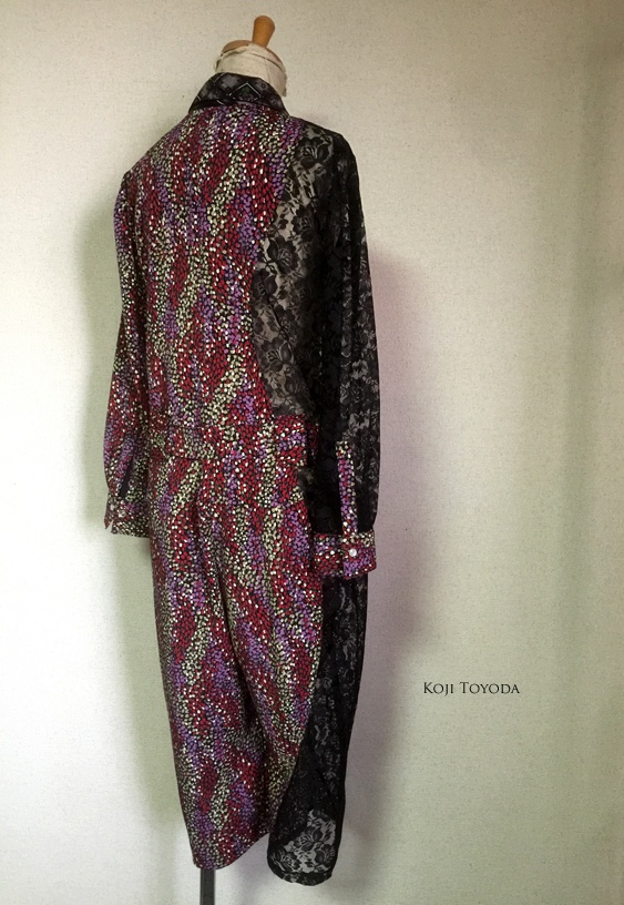 【1点もの・デザイン画付き】和柄ちりめん&レース湾曲切り替えつなぎ(KOJI TOYODA)