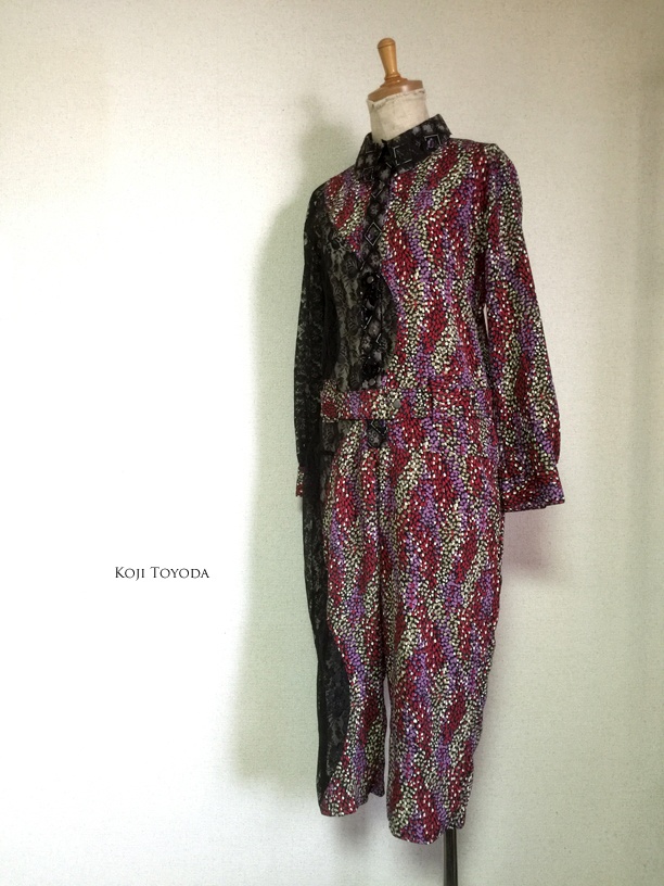【1点もの・デザイン画付き】和柄ちりめん&レース湾曲切り替えつなぎ(KOJI TOYODA)