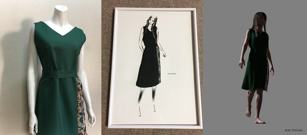 【1点もの・デザイン画付き】ベルト付きゴブラン織りアシメトリー切り替えワンピース緑(KOJI TOYODA)