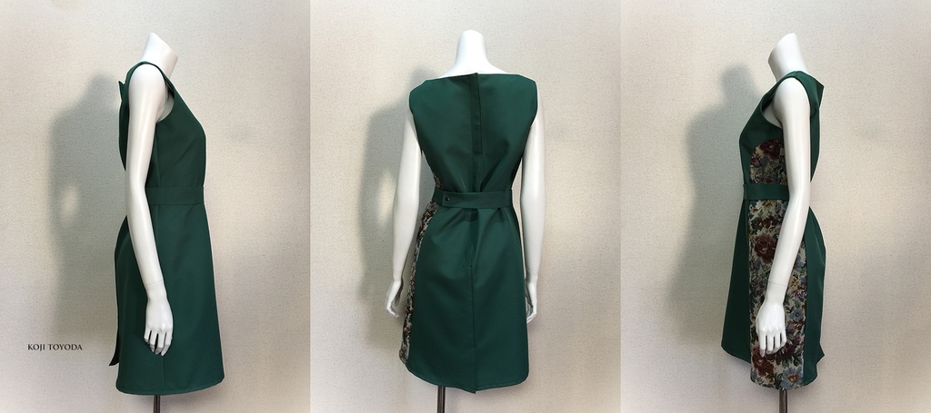【1点もの・デザイン画付き】ベルト付きゴブラン織りアシメトリー切り替えワンピース緑(KOJI TOYODA)