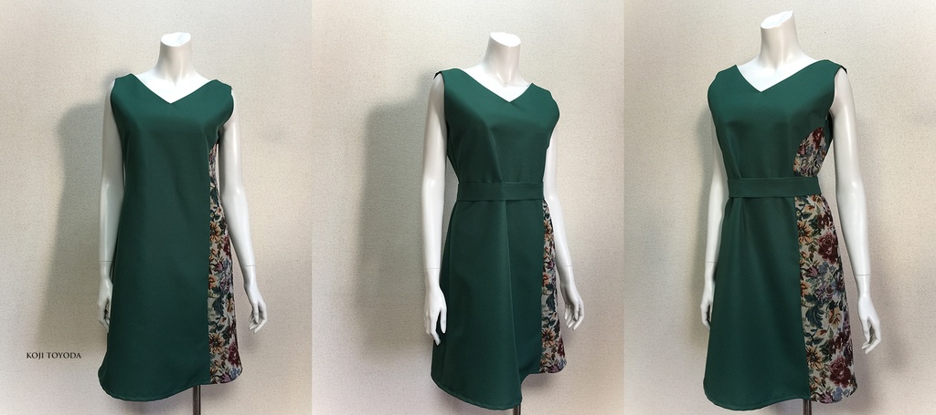 【1点もの・デザイン画付き】ベルト付きゴブラン織りアシメトリー切り替えワンピース緑(KOJI TOYODA)