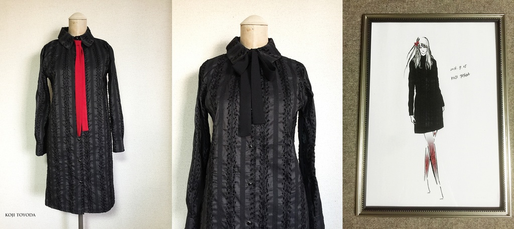 【1点もの・デザイン画付き】ブラック刺繍ストライプワンピース(KOJI TOYODA)