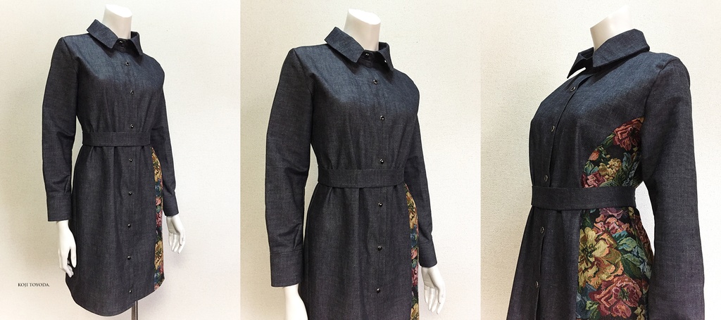 【1点もの・デザイン画付き】岡山産デニム+ゴブラン織り切り替えシャツ型コートワンピース(KOJI TOYODA)