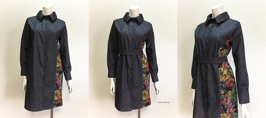 【1点もの・デザイン画付き】岡山産デニム+ゴブラン織り切り替えシャツ型コートワンピース(KOJI TOYODA)