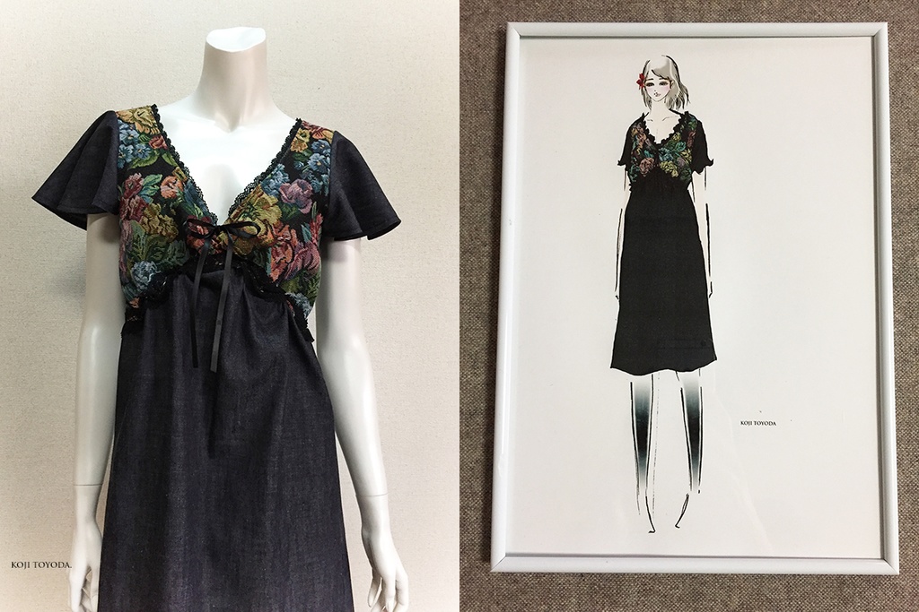 【1点もの・デザイン画付き】岡山産デニム+ゴブラン織りレースギャザーワンピース(KOJI TOYODA)