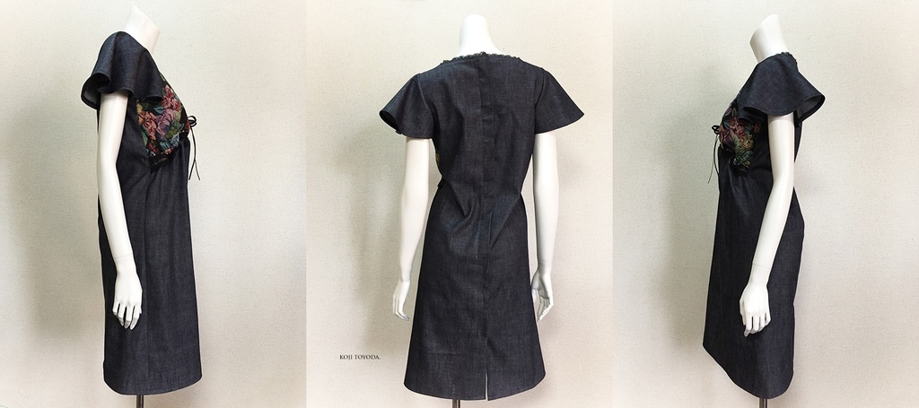 【1点もの・デザイン画付き】岡山産デニム+ゴブラン織りレースギャザーワンピース(KOJI TOYODA)