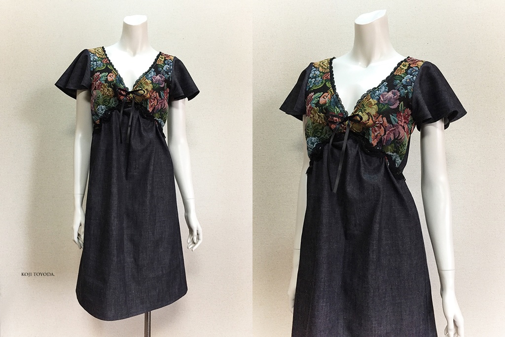 【1点もの・デザイン画付き】岡山産デニム+ゴブラン織りレースギャザーワンピース(KOJI TOYODA)