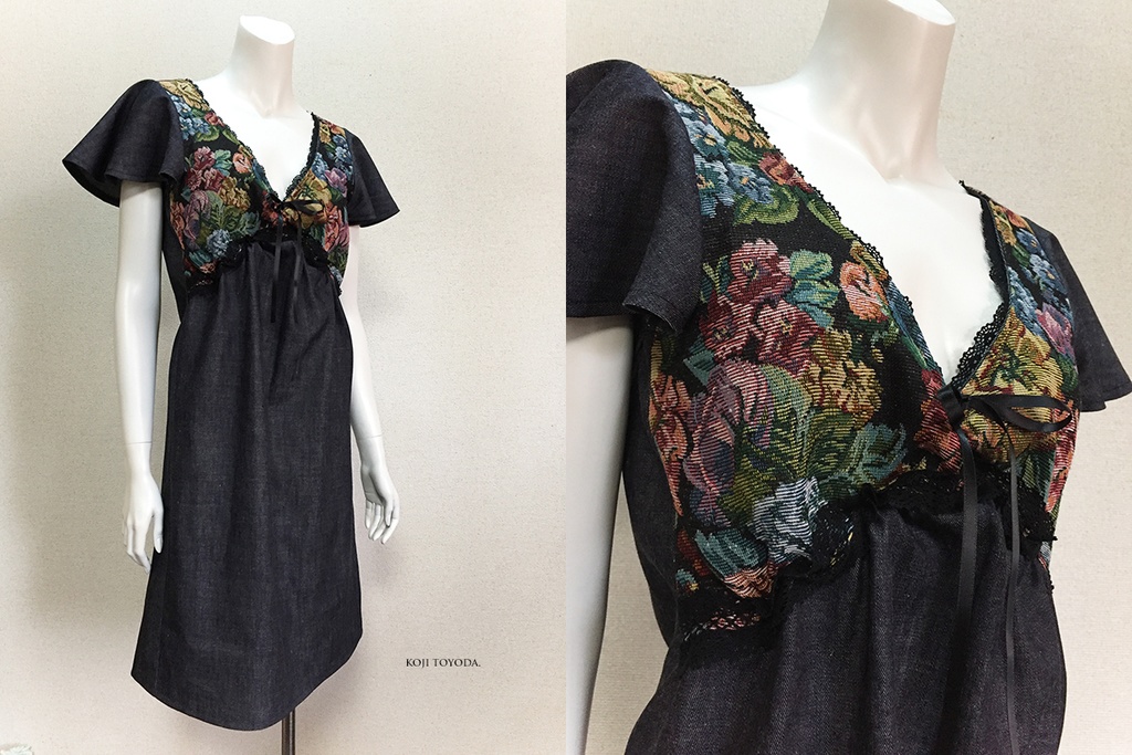 【1点もの・デザイン画付き】岡山産デニム+ゴブラン織りレースギャザーワンピース(KOJI TOYODA)