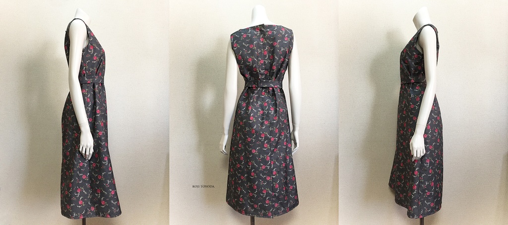 【1点もの・デザイン画付き】ベルト付き花柄プリント生地ワンピース(KOJI TOYODA)