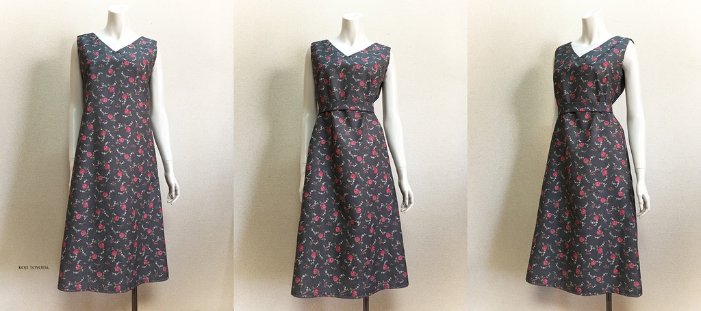 【1点もの・デザイン画付き】ベルト付き花柄プリント生地ワンピース(KOJI TOYODA)