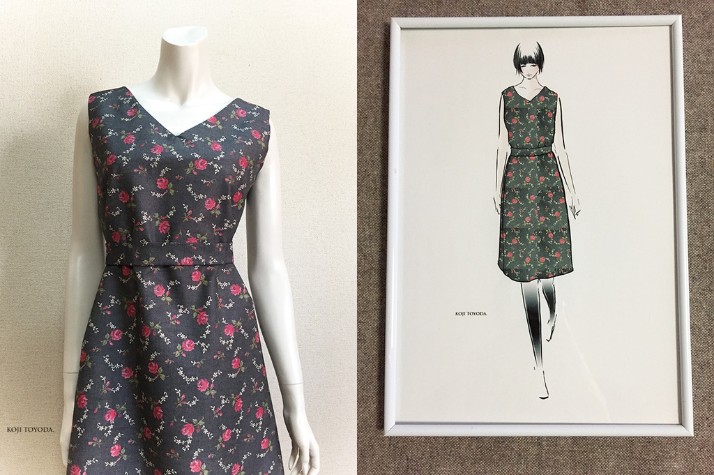 【1点もの・デザイン画付き】ベルト付き花柄プリント生地ワンピース(KOJI TOYODA)
