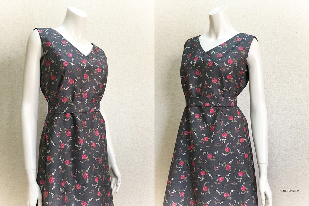 【1点もの・デザイン画付き】ベルト付き花柄プリント生地ワンピース(KOJI TOYODA)