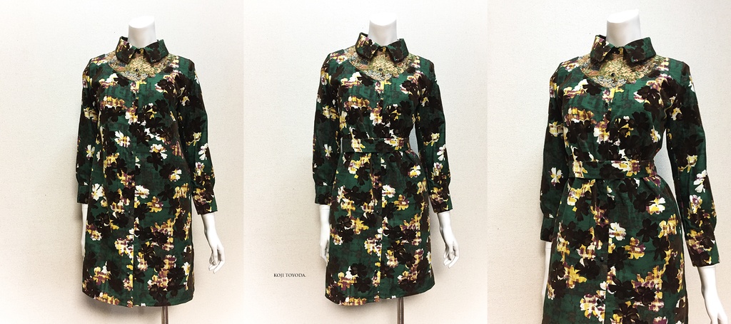 【1点もの・デザイン画付き】ベルト付きアーチゴブラン織り切り替えシャツ型コートワンピース(KOJI TOYODA)