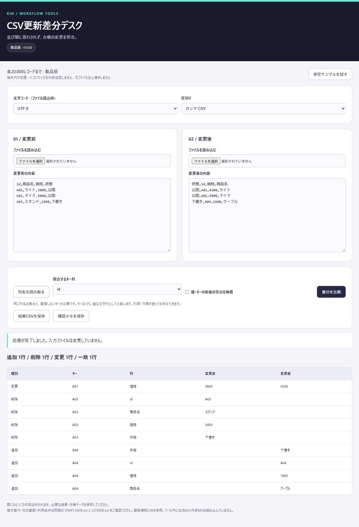 CSVの追加・削除・変更をIDで比較|CSV更新差分デスク【オフライン・買い切り】