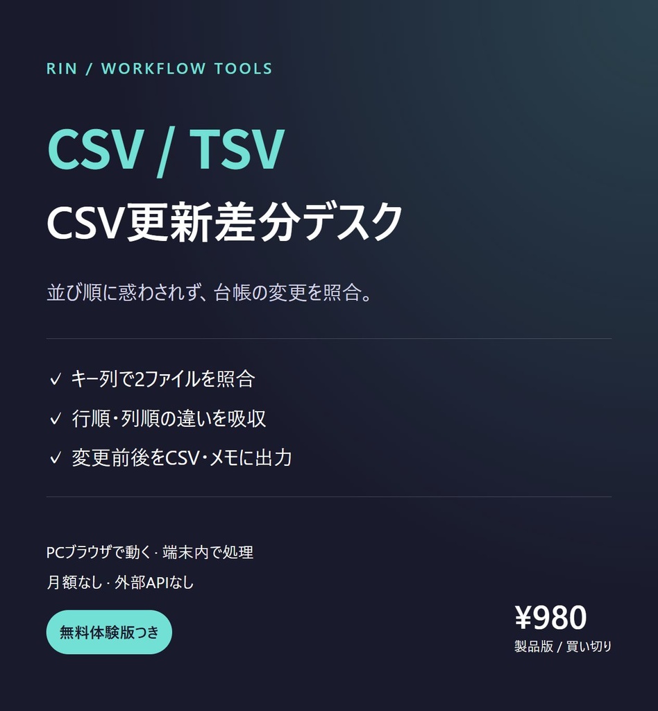 CSVの追加・削除・変更をIDで比較｜CSV更新差分デスク【オフライン・買い切り】
