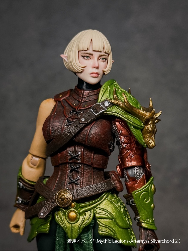【カスタムヘッド】女性エルフB 緑風の剣花 / 宵闇の閃姫(mythic legionsなどファンタジーフィギュア向け 1/10〜1/12スケール向け)HF003