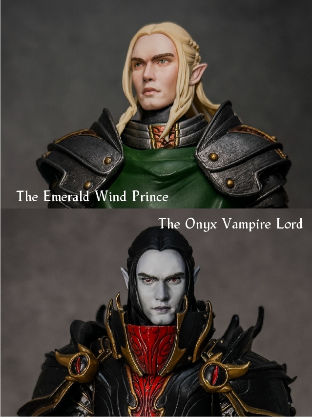 【カスタムヘッド】男性エルフ 緑風の貴公子 / 漆黒の吸血公（mythic legionsなどファンタジーフィギュア向け　1/10〜1/12スケール向け）HM002