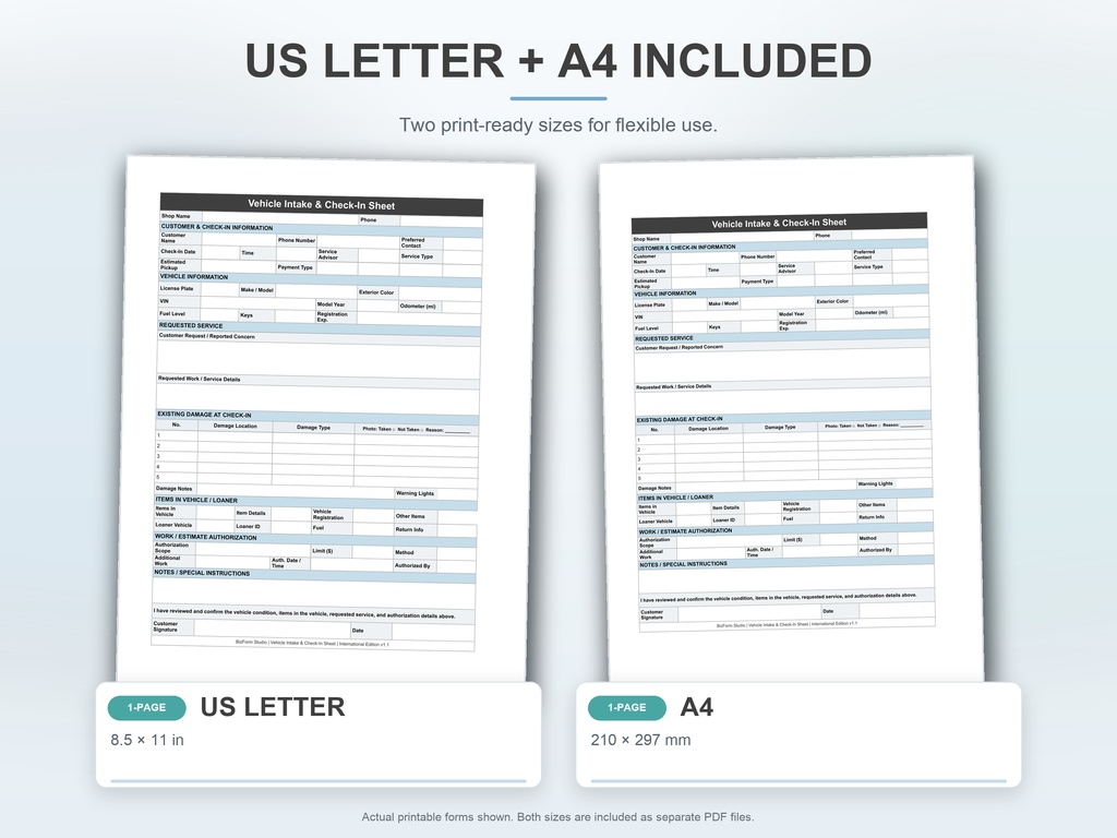 Vehicle Intake & Check-In Sheet|International Edition|Google Sheets + PDF|US Letter & A4