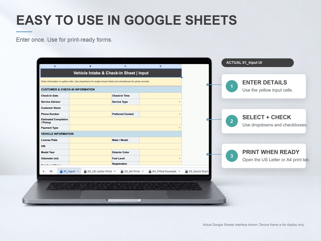 Vehicle Intake & Check-In Sheet|International Edition|Google Sheets + PDF|US Letter & A4