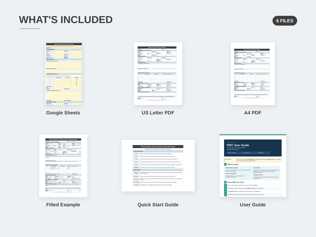 Vehicle Intake & Check-In Sheet|International Edition|Google Sheets + PDF|US Letter & A4