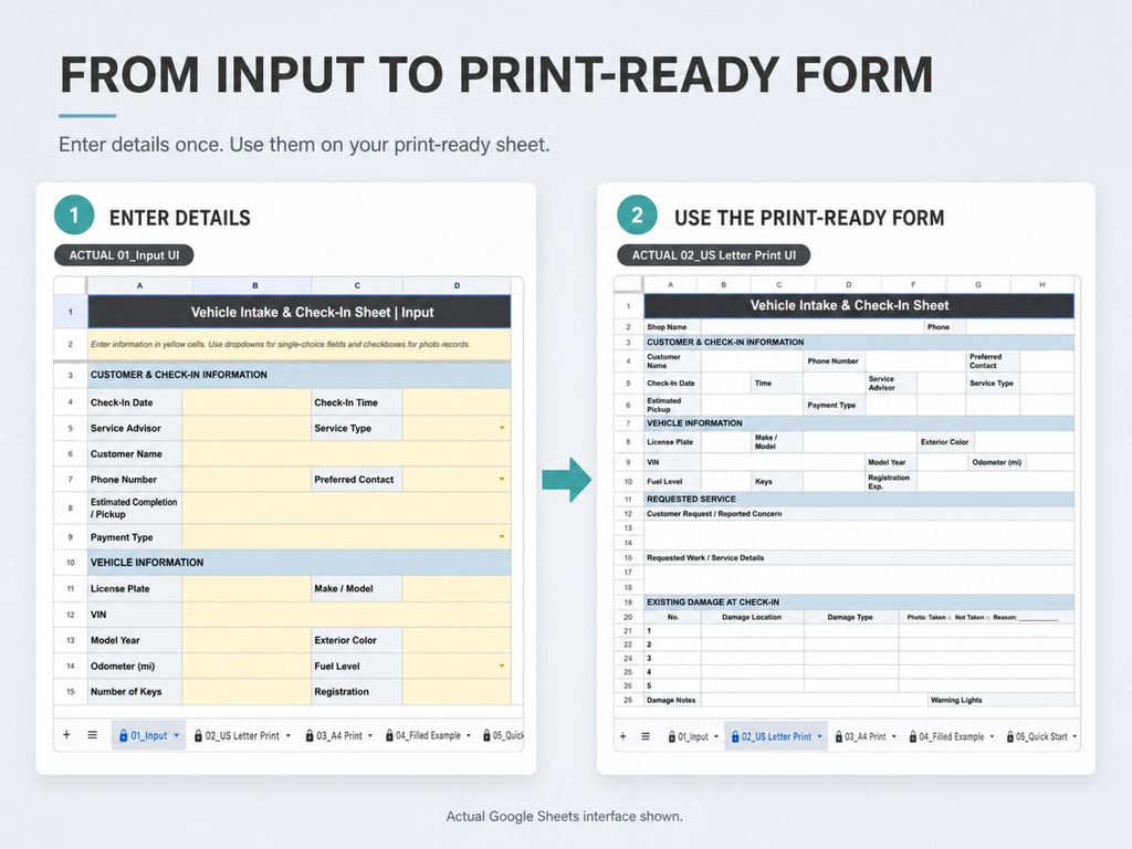 Vehicle Intake & Check-In Sheet|International Edition|Google Sheets + PDF|US Letter & A4