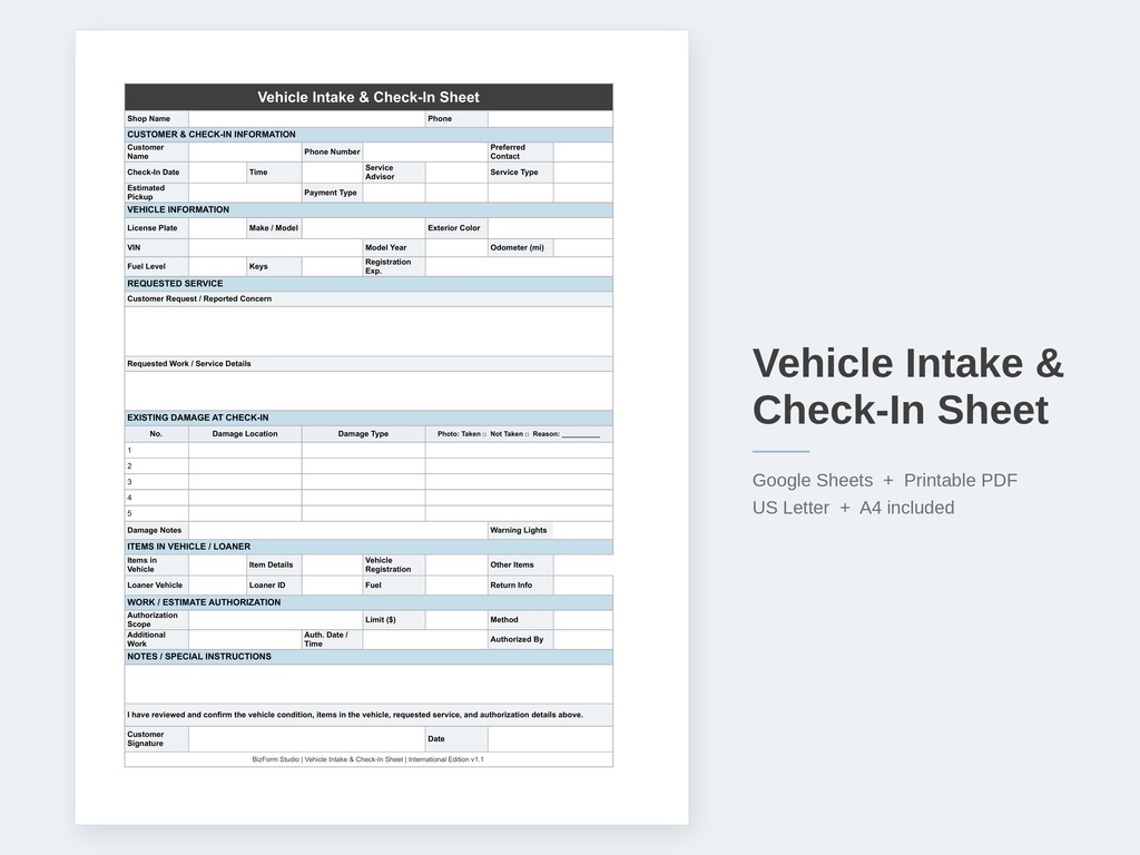 Vehicle Intake & Check-In Sheet｜International Edition｜Google Sheets + PDF｜US Letter & A4