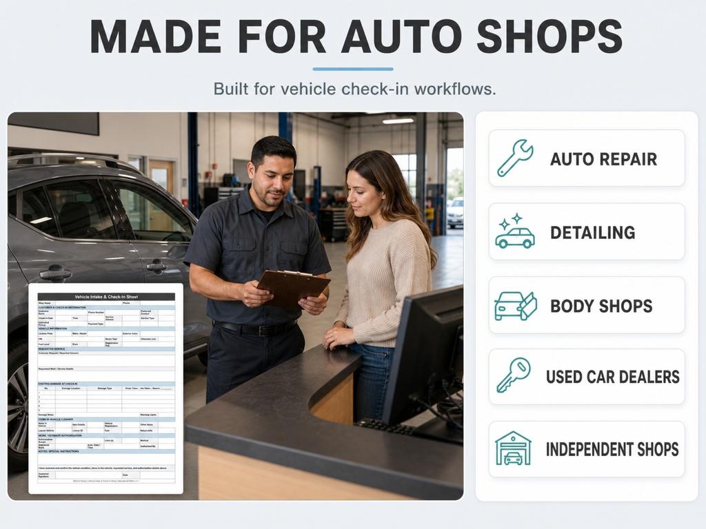 Vehicle Intake & Check-In Sheet|International Edition|Google Sheets + PDF|US Letter & A4