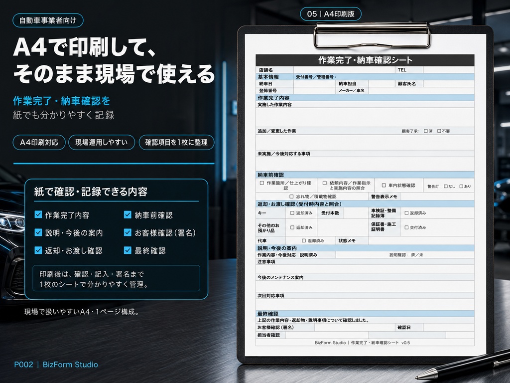 作業完了・納車確認シート|Googleスプレッドシート+PDF|自動車事業者向け業務テンプレート