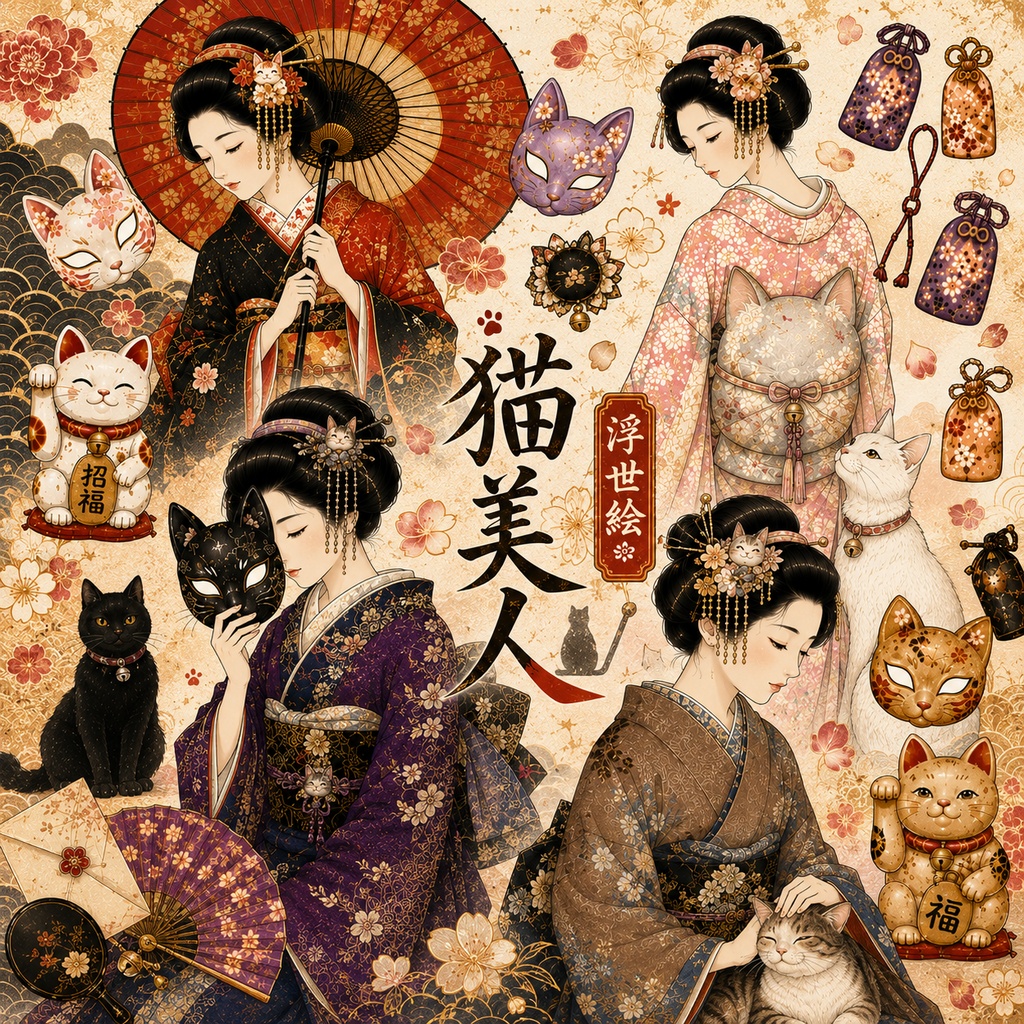猫美人 〜浮世絵〜 コラージュ素材