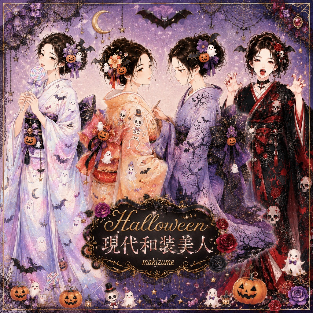  Halloween〜現代和装美人〜 コラージュ素材