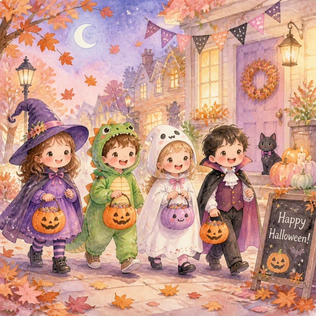 デジタルペーパー ハロウィンナイト 水彩タッチ 4柄5枚セット