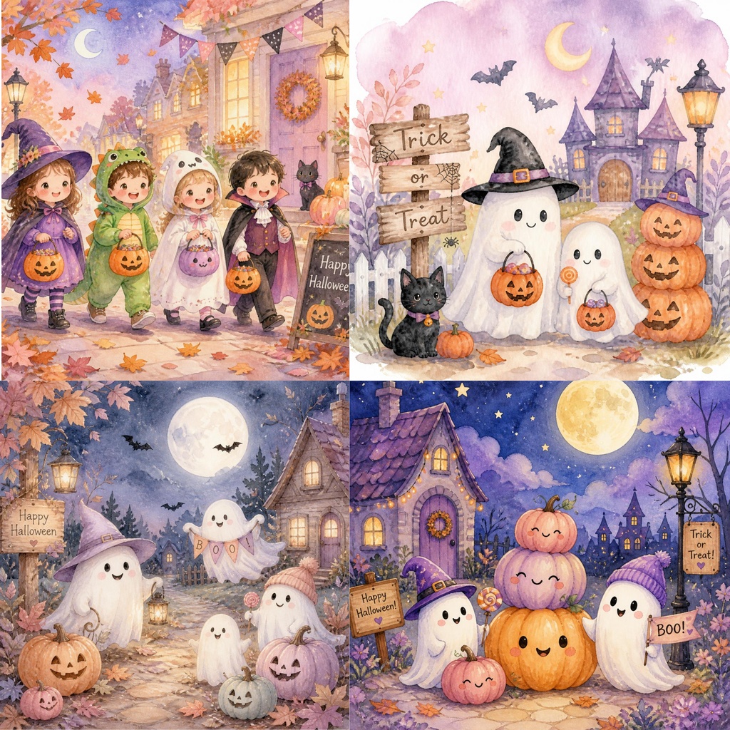 デジタルペーパー　ハロウィンナイト　水彩タッチ　4柄5枚セット